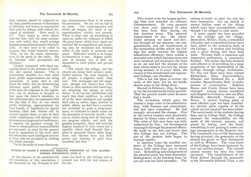 SPEECH OF FRANK S. STREETER, ESQUIRE, PRESIDING AT THE ALUMNI DINNER, WEDNESDAY, JUNE 26