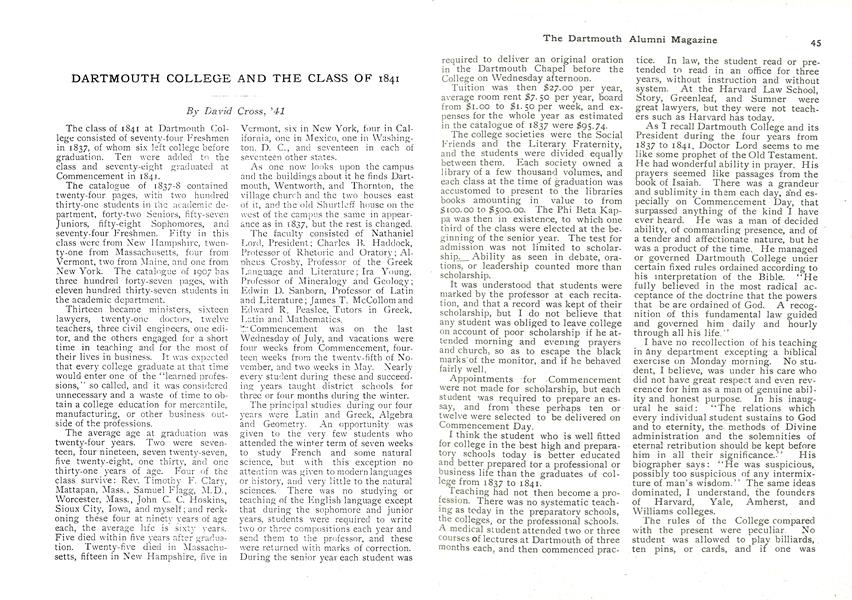 DARTMOUTH COLLEGE AND THE CLASS OF 1841