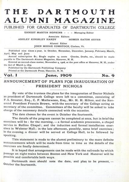 ANNOUNCEMENT OF PLANS FOR INAUGURATION OF PRESIDENT NICHOLS