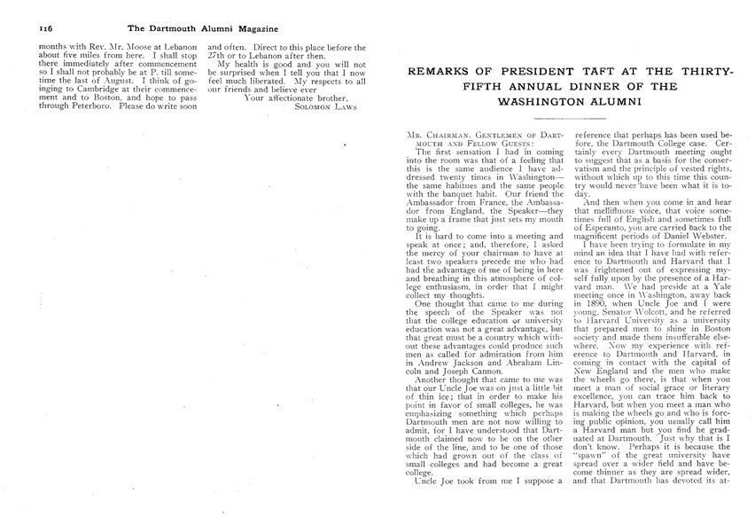 REMARKS OF PRESIDENT TAFT AT THE THIRTY-FIFTH ANNUAL DINNER OF THE WASHINGTON ALUMNI