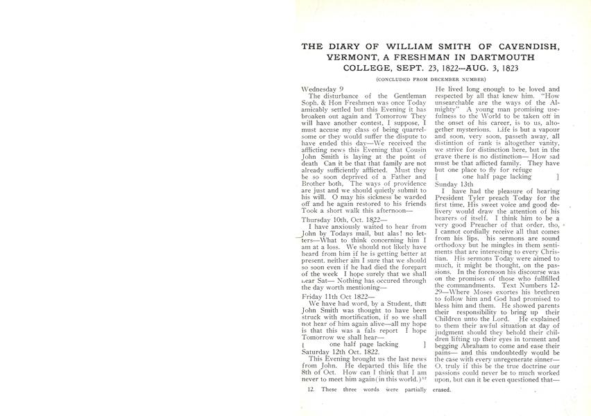 THE DIARY OF WILLIAM SMITH OF CAYENDISH, VERMONT, A FRESHMAN IN DARTMOUTH COLLEGE, SEPT. 23, 1822-AUG. 3, 1823