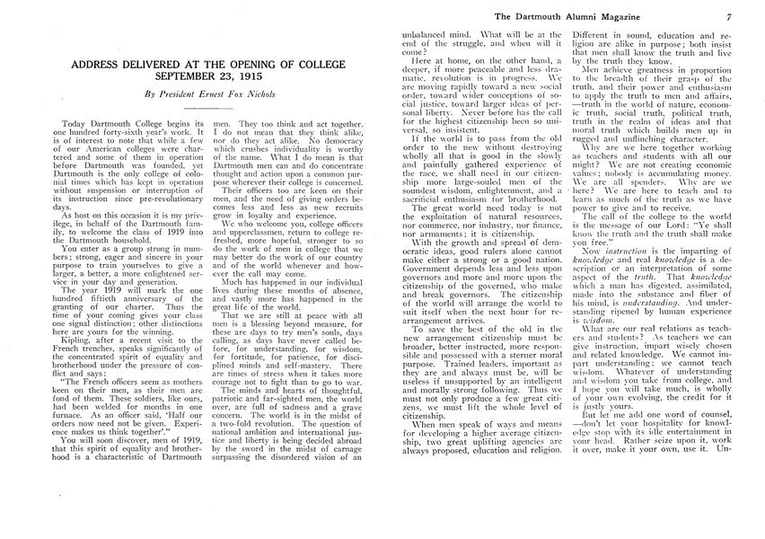 ADDRESS DELIVERED AT THE OPENING OF COLLEGE SEPTEMBER 23, 1915