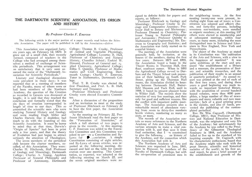 THE DARTMOUTH SCIENTIFIC ASSOCIATION, ITS ORIGIN AND HISTORY