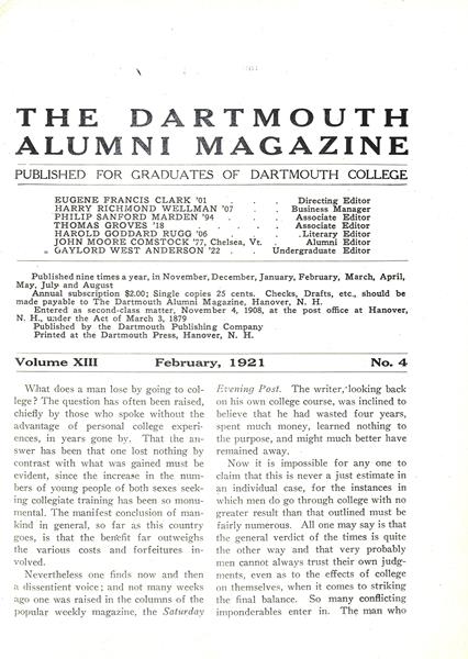 Issue: - February 1921 | Dartmouth Alumni Magazine