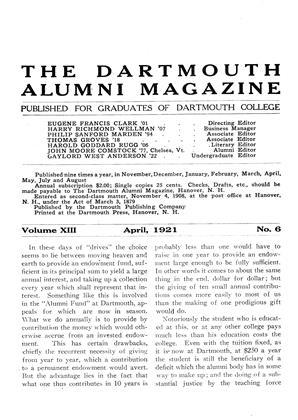 April 1921 | Dartmouth Alumni Magazine