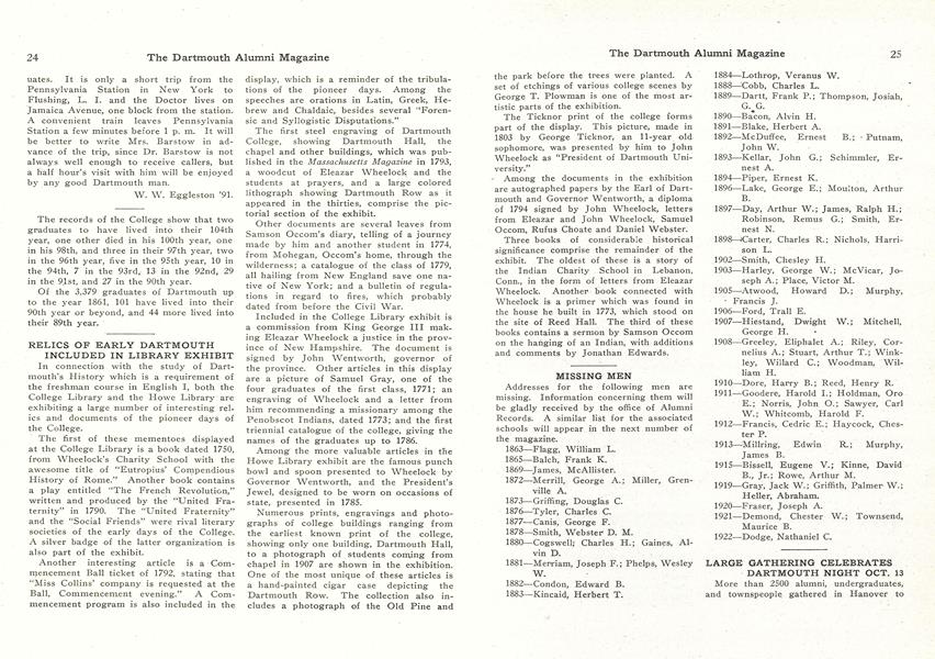 RELICS OF EARLY DARTMOUTH INCLUDED IN LIBRARY EXHIBIT
