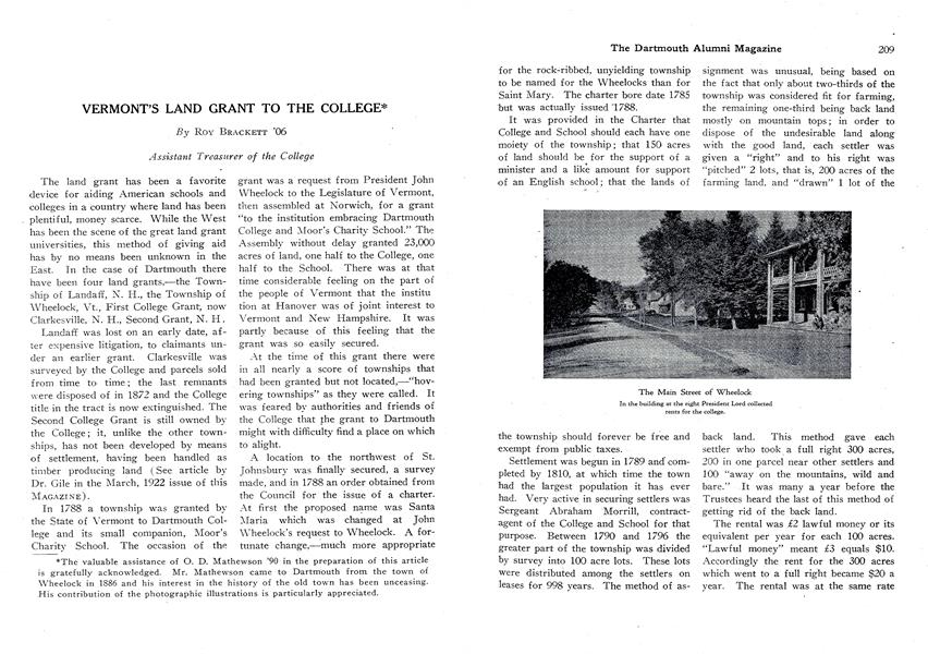 VERMONT'S LAND GRANT TO THE COLLEGE*
