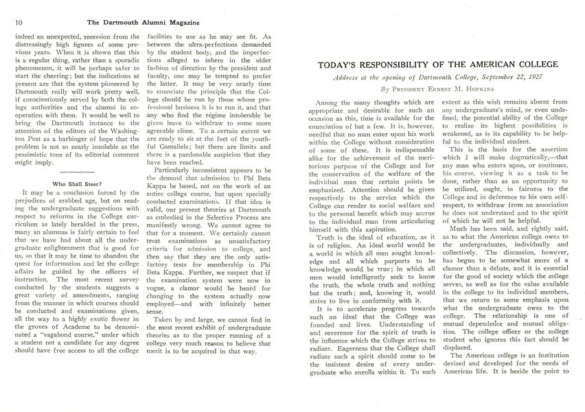 TODAY'S RESPONSIBILITY OF THE AMERICAN COLLEGE