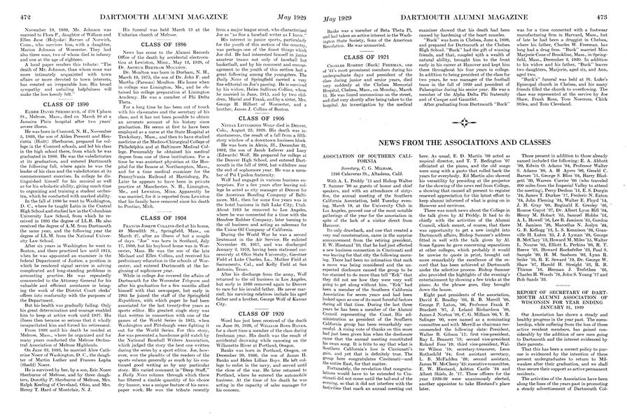 REPORT OF SECRETARY OF DARTMOUTH ALUMNI ASSOCIATION OF WISCONSIN FOR YEAR ENDING JANUARY 81, 1929